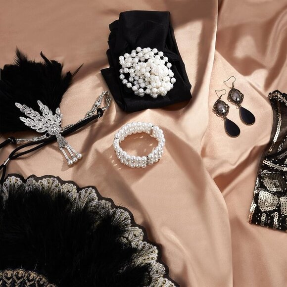 1920s Flapper Accessories Set Gatsby Headband Pearl Necklace 20s Theme